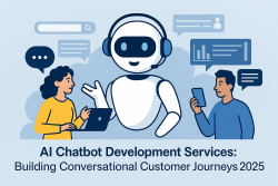 Illustration of AI chatbot interacting with customers through digital interfaces, representing intelligent conversational journeys in 2025.
